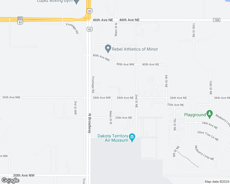 map of restaurants, bars, coffee shops, grocery stores, and more near 3521 Main Street North in Minot