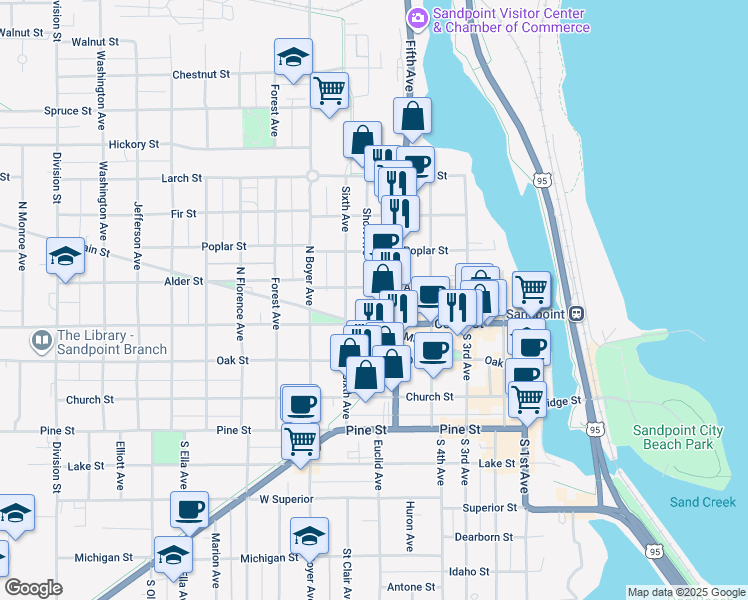 map of restaurants, bars, coffee shops, grocery stores, and more near 506 Alder Street in Sandpoint