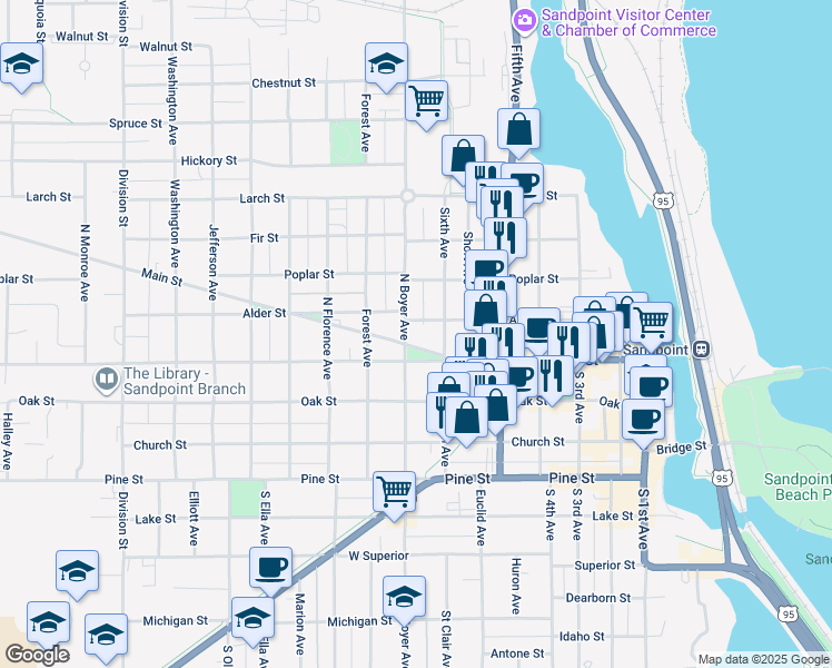 map of restaurants, bars, coffee shops, grocery stores, and more near 505 North 6th Avenue in Sandpoint