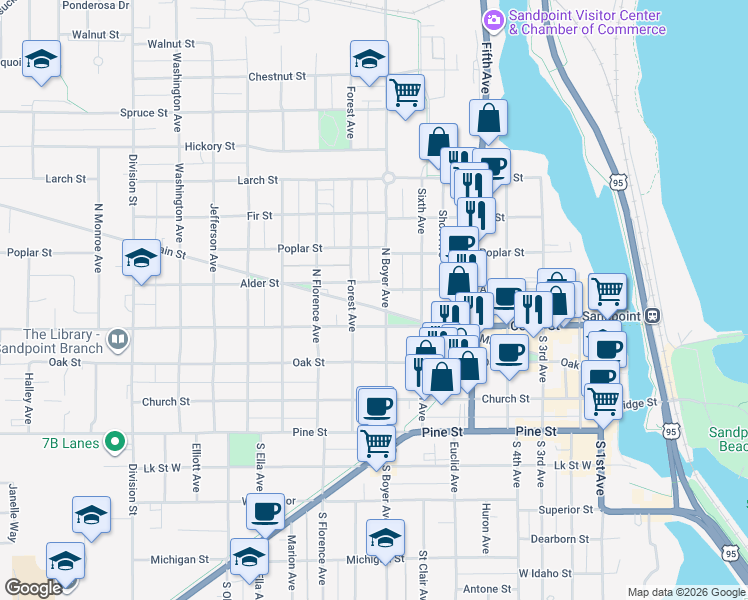 map of restaurants, bars, coffee shops, grocery stores, and more near 501 North Boyer Avenue in Sandpoint
