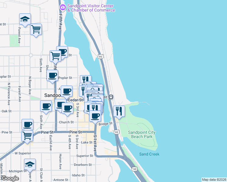 map of restaurants, bars, coffee shops, grocery stores, and more near 424 Sandpoint Avenue in Sandpoint