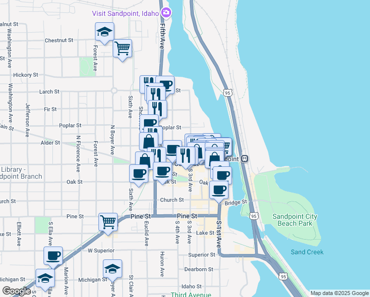 map of restaurants, bars, coffee shops, grocery stores, and more near 506 North 4th Avenue in Sandpoint