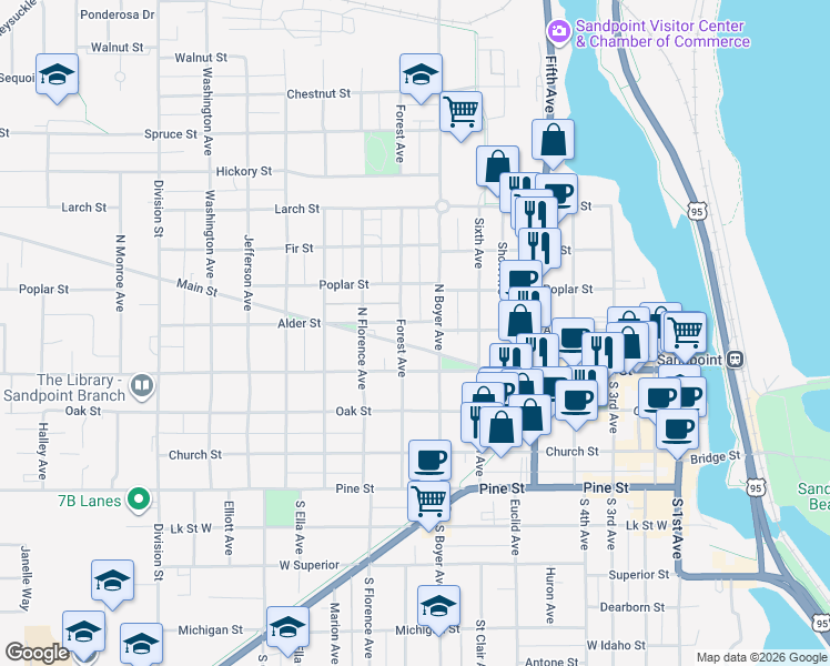 map of restaurants, bars, coffee shops, grocery stores, and more near 501 North Boyer Avenue in Sandpoint