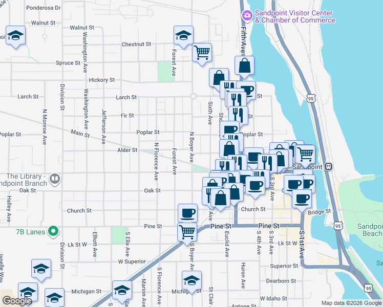 map of restaurants, bars, coffee shops, grocery stores, and more near 501 North Boyer Avenue in Sandpoint