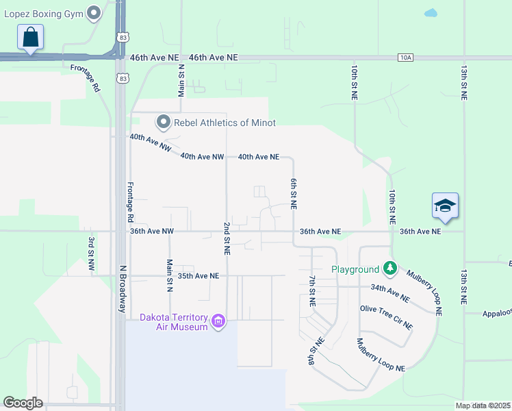 map of restaurants, bars, coffee shops, grocery stores, and more near 505 36th Avenue Northeast in Minot