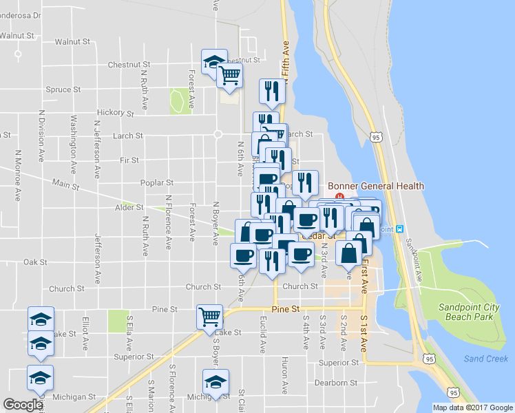 map of restaurants, bars, coffee shops, grocery stores, and more near 506 Alder Street in Sandpoint