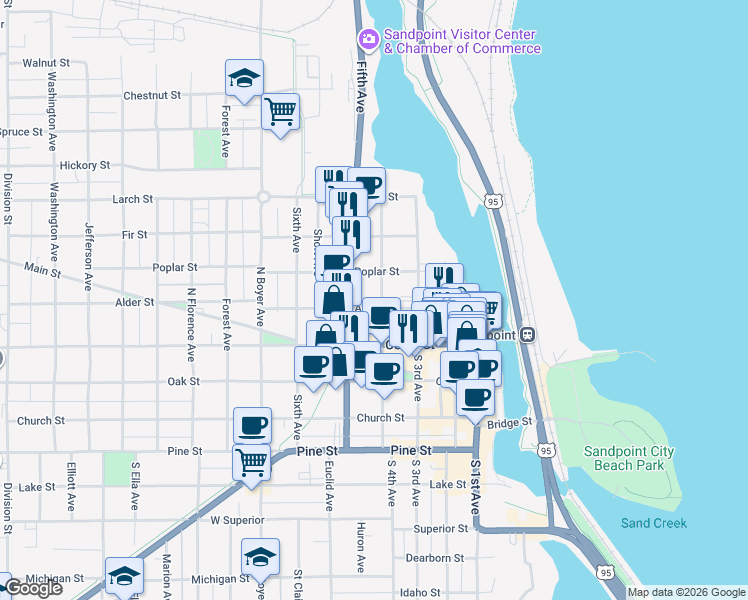 map of restaurants, bars, coffee shops, grocery stores, and more near 506 North 4th Avenue in Sandpoint