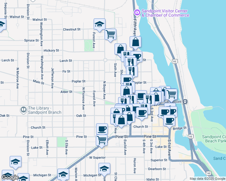 map of restaurants, bars, coffee shops, grocery stores, and more near 505 North 6th Avenue in Sandpoint