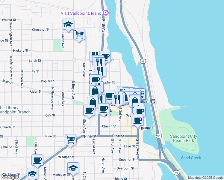 map of restaurants, bars, coffee shops, grocery stores, and more near 506 North 4th Avenue in Sandpoint