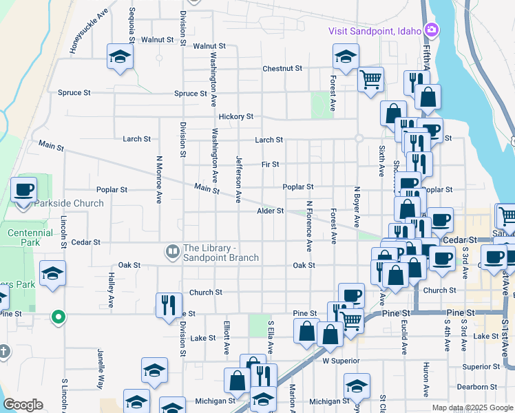 map of restaurants, bars, coffee shops, grocery stores, and more near 501 North Ella Avenue in Sandpoint