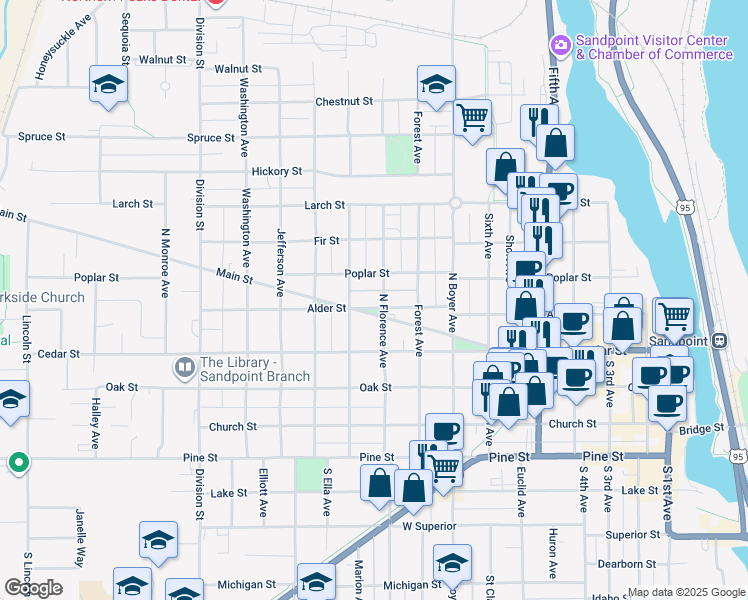 map of restaurants, bars, coffee shops, grocery stores, and more near 906 Alder Street in Sandpoint