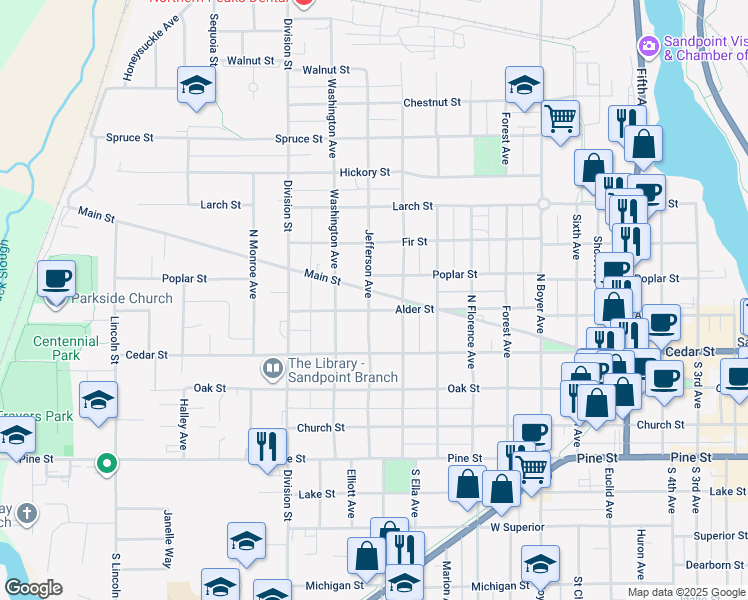 map of restaurants, bars, coffee shops, grocery stores, and more near 502 North Jefferson Avenue in Sandpoint