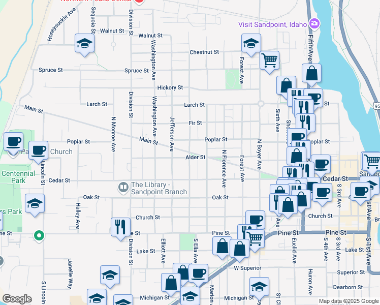 map of restaurants, bars, coffee shops, grocery stores, and more near 501 North Ella Avenue in Sandpoint