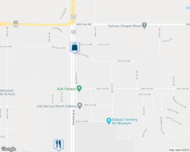map of restaurants, bars, coffee shops, grocery stores, and more near 3 36th Avenue Northeast in Minot