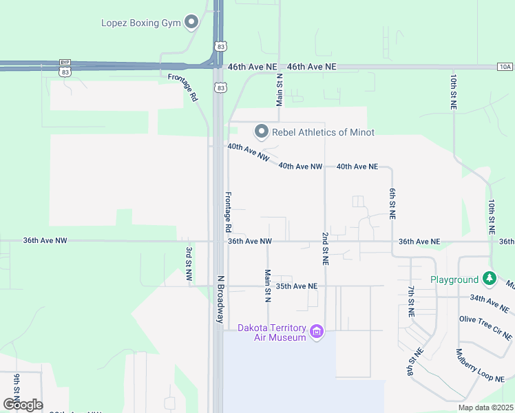 map of restaurants, bars, coffee shops, grocery stores, and more near 3 36th Avenue Northeast in Minot