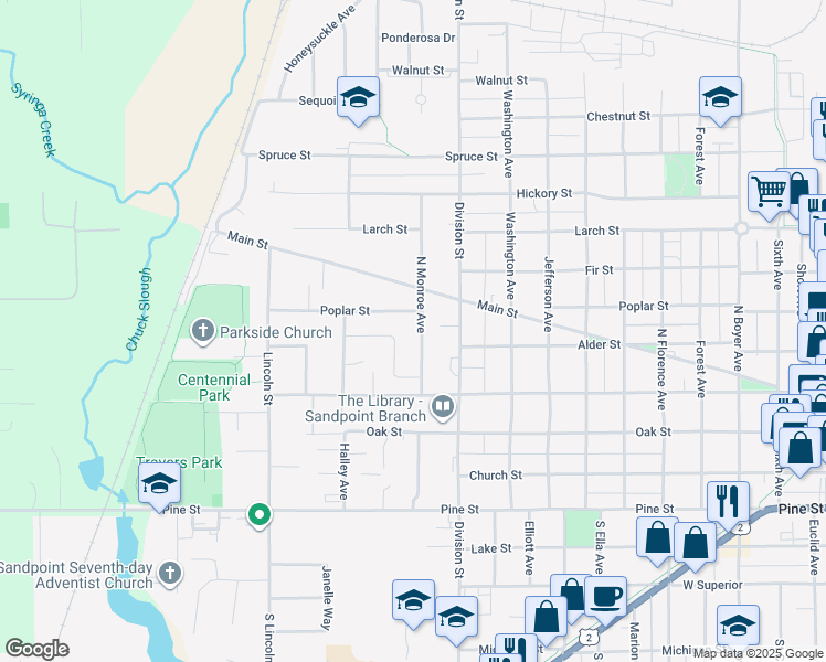 map of restaurants, bars, coffee shops, grocery stores, and more near 513 North Monroe Avenue in Sandpoint