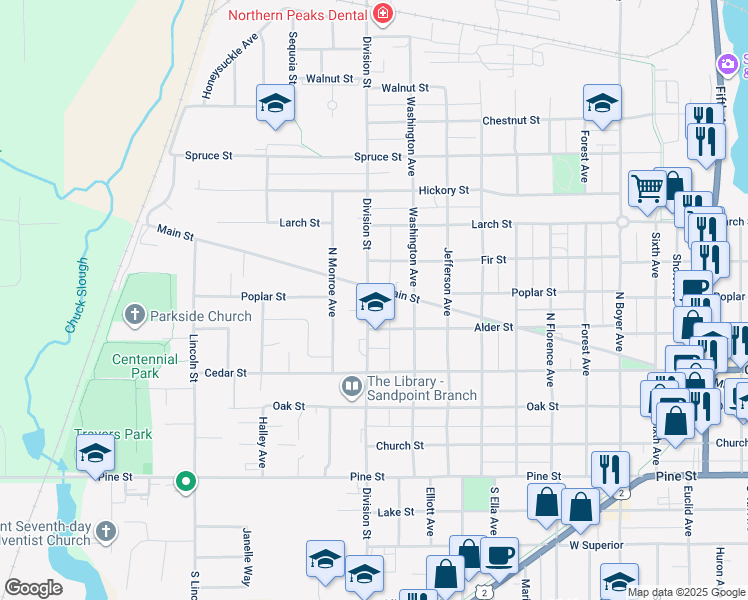 map of restaurants, bars, coffee shops, grocery stores, and more near 515 North Division Avenue in Sandpoint