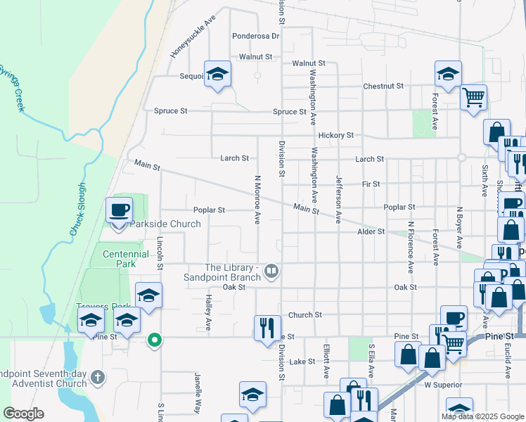 map of restaurants, bars, coffee shops, grocery stores, and more near 513 North Monroe Avenue in Sandpoint