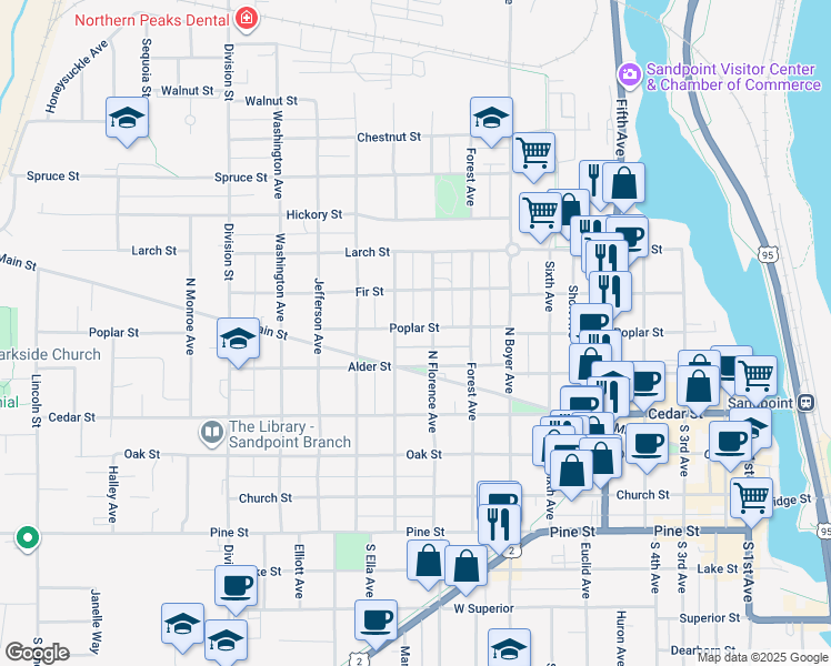 map of restaurants, bars, coffee shops, grocery stores, and more near 906 Alder Street in Sandpoint