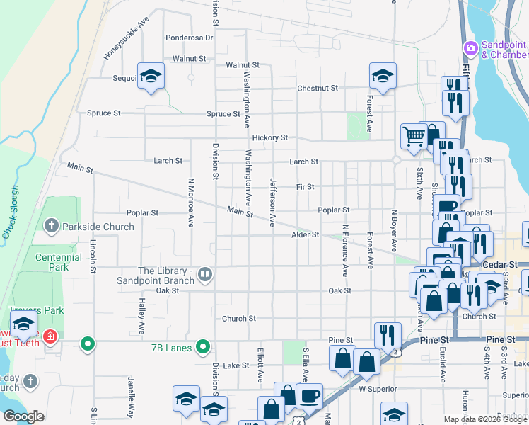 map of restaurants, bars, coffee shops, grocery stores, and more near 1208 Alder Street in Sandpoint