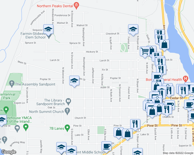 map of restaurants, bars, coffee shops, grocery stores, and more near 1106B Poplar Street in Sandpoint