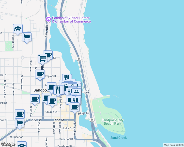 map of restaurants, bars, coffee shops, grocery stores, and more near 424 Sandpoint Avenue in Sandpoint