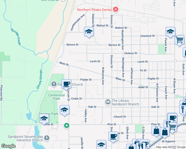 map of restaurants, bars, coffee shops, grocery stores, and more near 1601 Main Street in Sandpoint