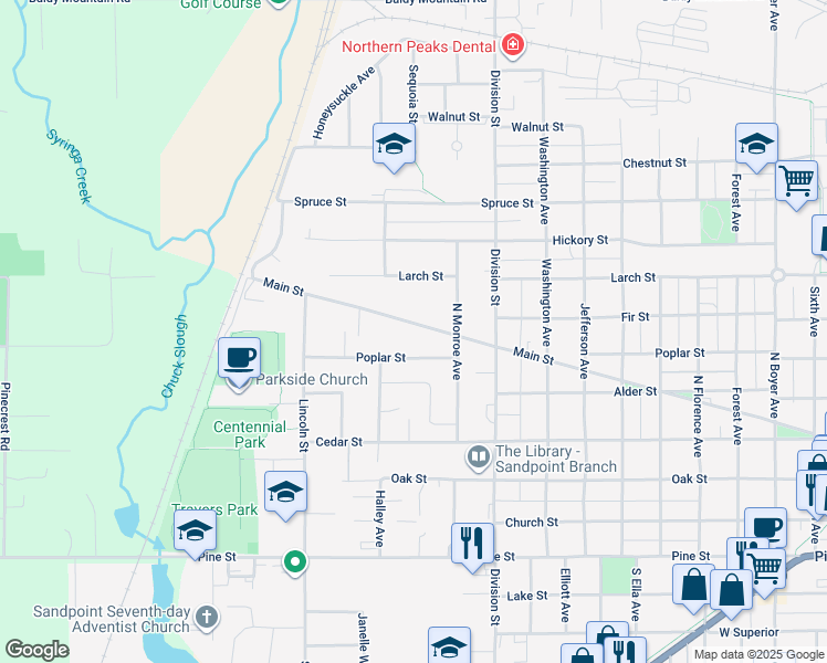 map of restaurants, bars, coffee shops, grocery stores, and more near 1601 Main Street in Sandpoint