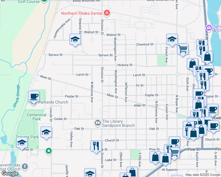 map of restaurants, bars, coffee shops, grocery stores, and more near 1309 Fir Street in Sandpoint