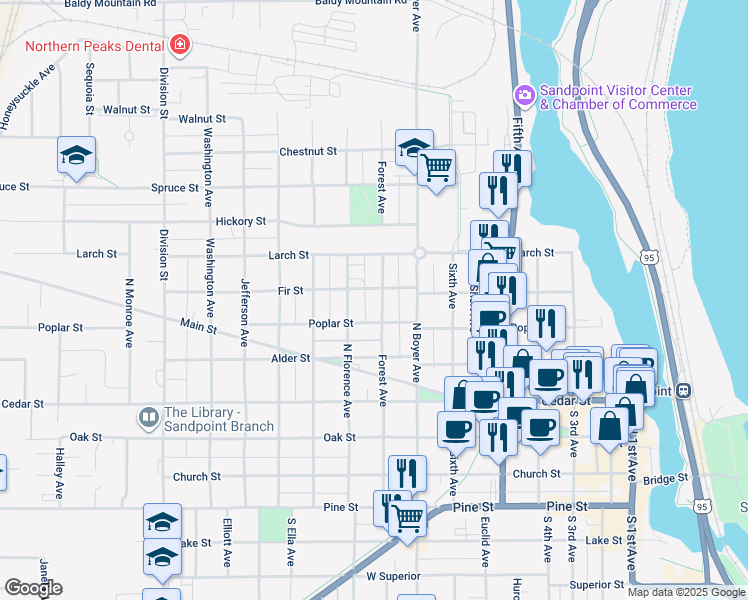 map of restaurants, bars, coffee shops, grocery stores, and more near 615 Forest Avenue in Sandpoint