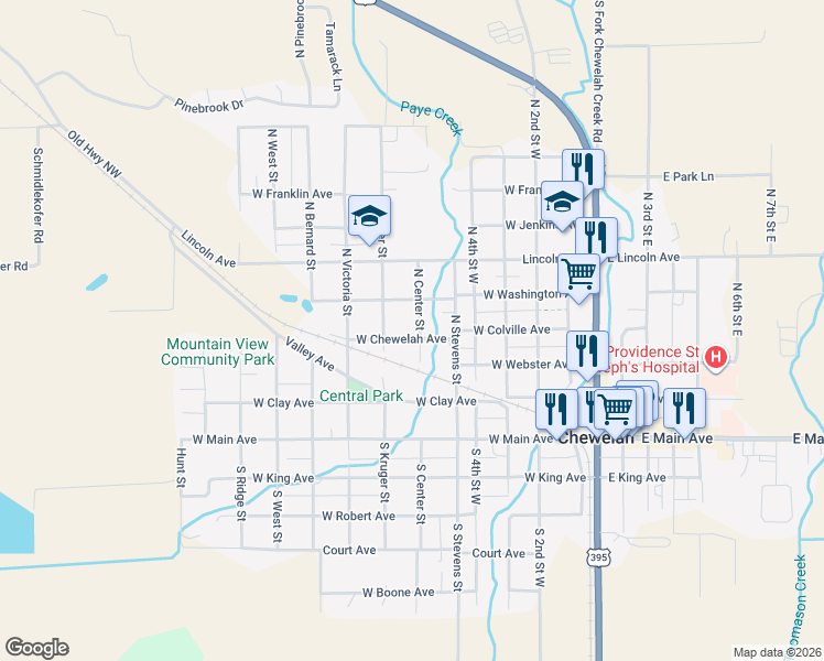 map of restaurants, bars, coffee shops, grocery stores, and more near 401 North Center Street in Chewelah