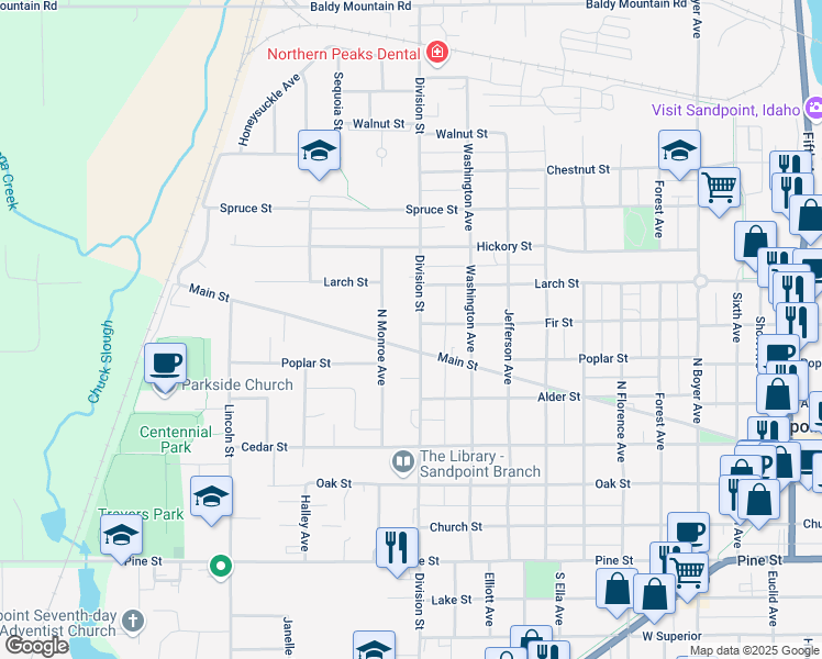 map of restaurants, bars, coffee shops, grocery stores, and more near 619 North Division Avenue in Sandpoint