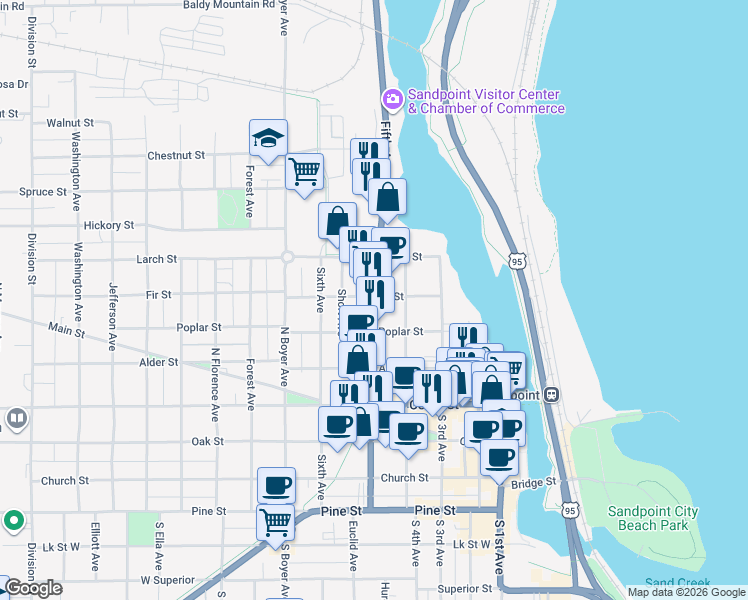 map of restaurants, bars, coffee shops, grocery stores, and more near 620 North Fifth Avenue in Sandpoint