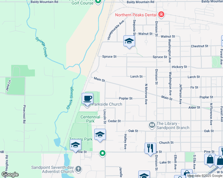 map of restaurants, bars, coffee shops, grocery stores, and more near 628 North Lincoln Avenue in Sandpoint