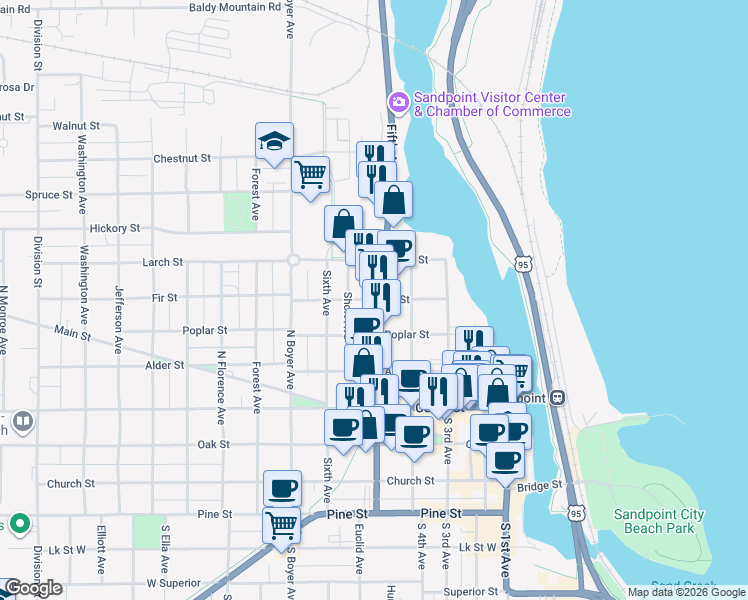 map of restaurants, bars, coffee shops, grocery stores, and more near 620 North Fifth Avenue in Sandpoint
