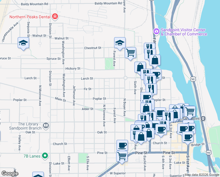 map of restaurants, bars, coffee shops, grocery stores, and more near 615 Forest Avenue in Sandpoint