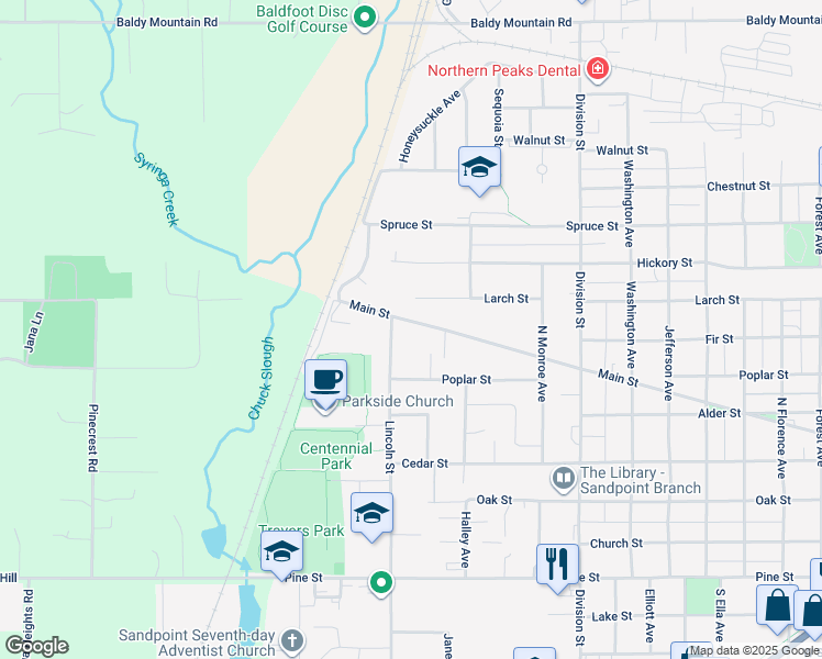 map of restaurants, bars, coffee shops, grocery stores, and more near 628 North Lincoln Avenue in Sandpoint