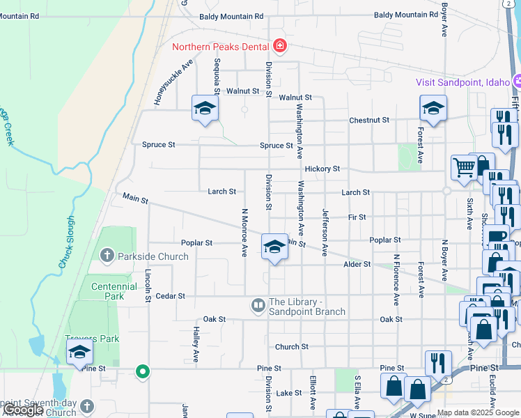 map of restaurants, bars, coffee shops, grocery stores, and more near 619 North Division Avenue in Sandpoint