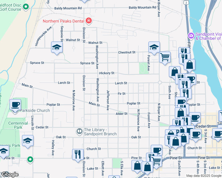 map of restaurants, bars, coffee shops, grocery stores, and more near 625 North Ella Avenue in Sandpoint