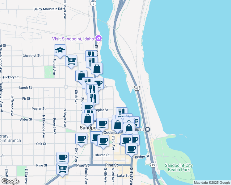 map of restaurants, bars, coffee shops, grocery stores, and more near 730 North 3rd Avenue in Sandpoint