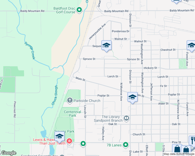 map of restaurants, bars, coffee shops, grocery stores, and more near 1812 Larch Street in Sandpoint