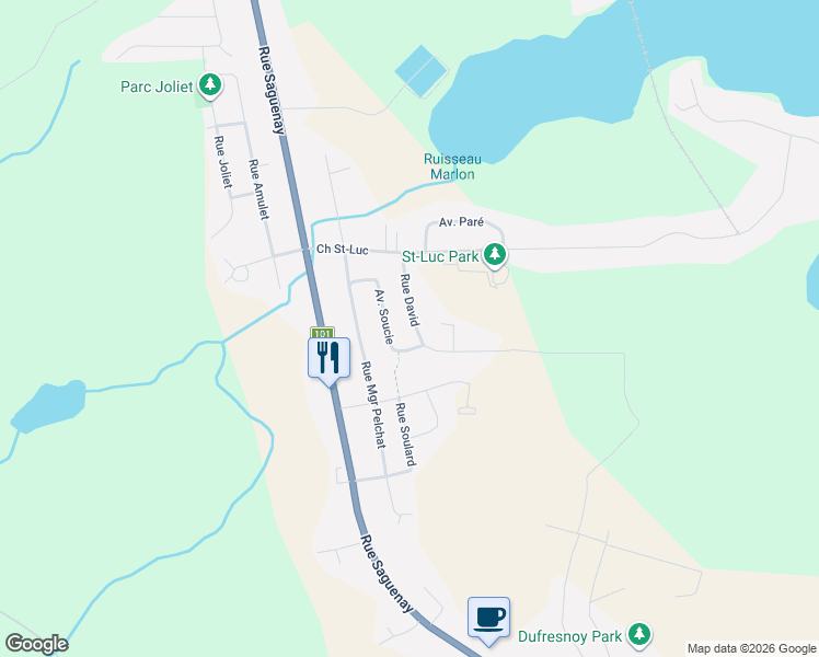 map of restaurants, bars, coffee shops, grocery stores, and more near Rue David in Rouyn-Noranda