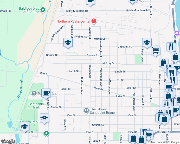map of restaurants, bars, coffee shops, grocery stores, and more near 799 North Division Avenue in Sandpoint