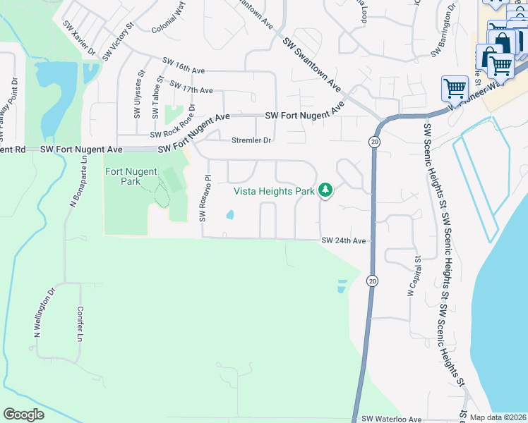 map of restaurants, bars, coffee shops, grocery stores, and more near 2525 Southwest Navigator Loop in Oak Harbor