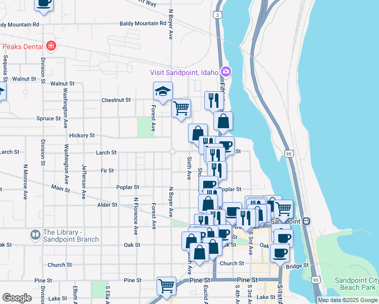 map of restaurants, bars, coffee shops, grocery stores, and more near 914 North 6th Avenue in Sandpoint
