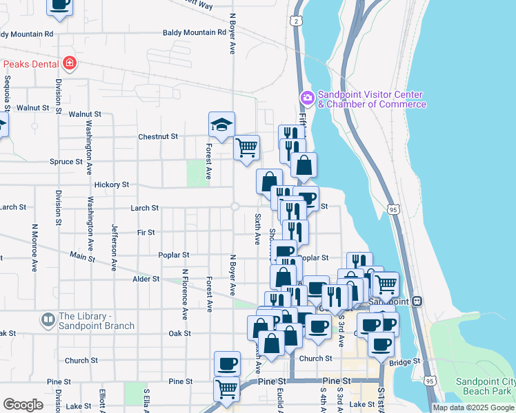 map of restaurants, bars, coffee shops, grocery stores, and more near 914 North 6th Avenue in Sandpoint
