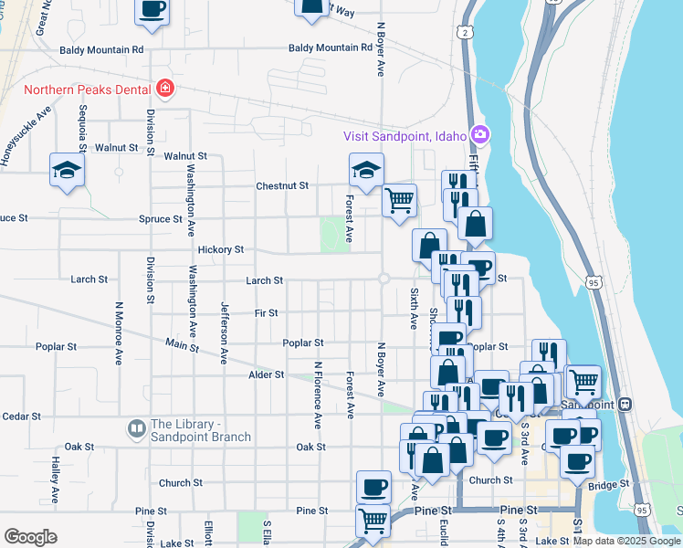 map of restaurants, bars, coffee shops, grocery stores, and more near 806 Larch Street in Sandpoint