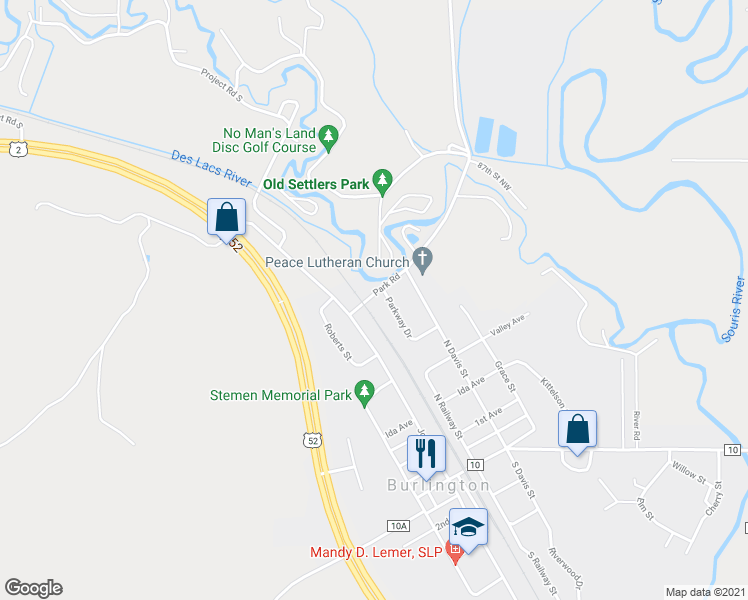 map of restaurants, bars, coffee shops, grocery stores, and more near 302 Park Road in Burlington