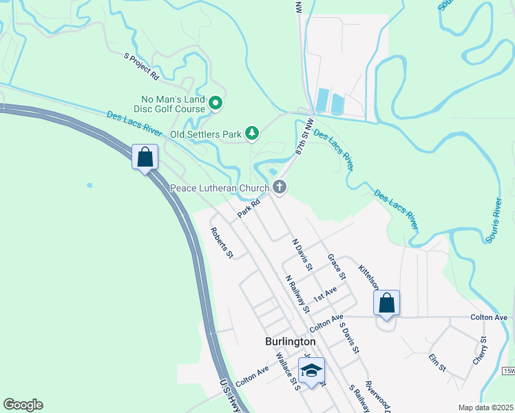 map of restaurants, bars, coffee shops, grocery stores, and more near 302 Park Road in Burlington