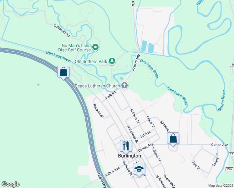map of restaurants, bars, coffee shops, grocery stores, and more near 502 North Davis Street in Burlington